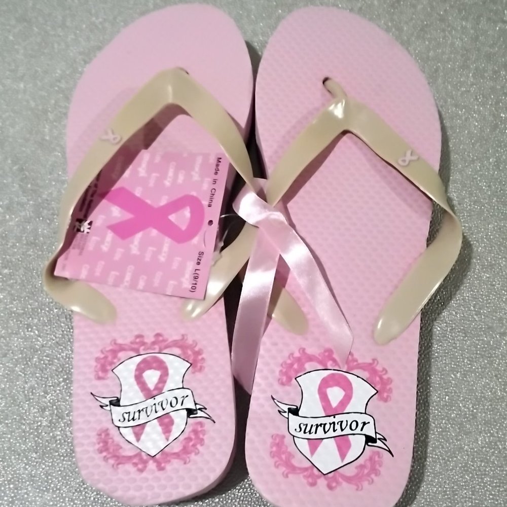 Breast Cancer Awareness Pink Ribbon Flip-Flops L (10-11) Survivor or Supporter